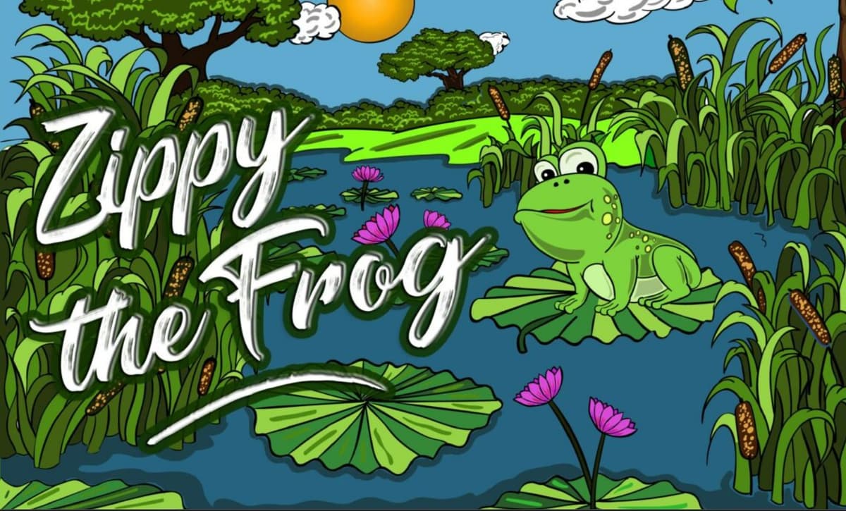 Zippy the Frog book cover: a smiling cartoon frog sitting on a lily pad in a sunny pond surrounded by cattails and pink lotus flowers